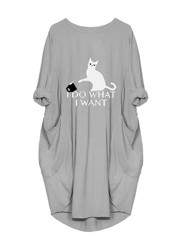 Women's Casual Cotton Letter Cat Prints Tee Dress Pocket Loose Midi Dress Plus Size - CHALIER