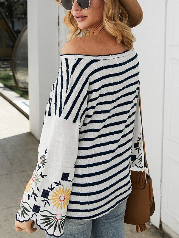 Women's Fashion Top Casual Striated Embroidered Shirt