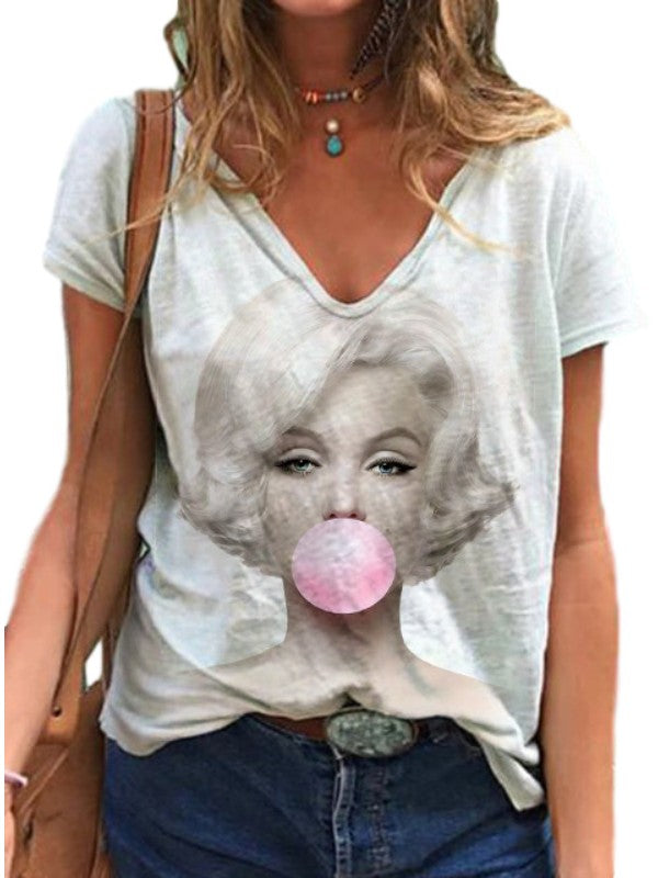 Women Portrait Printed Casual Short Sleeve T-Shirt