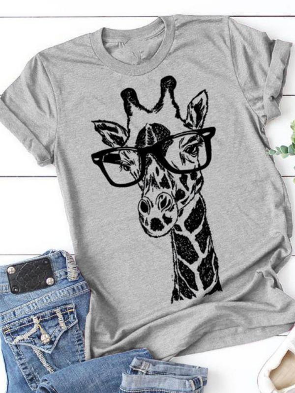 Giraffe Printed Casual Short Sleeve Top Summer Basic Tee - CHALIER