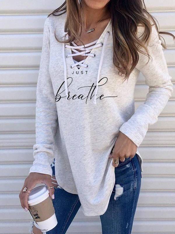 Women Letter Printed Bandage V-Neck Long Sleeve T-Shirt - CHALIER