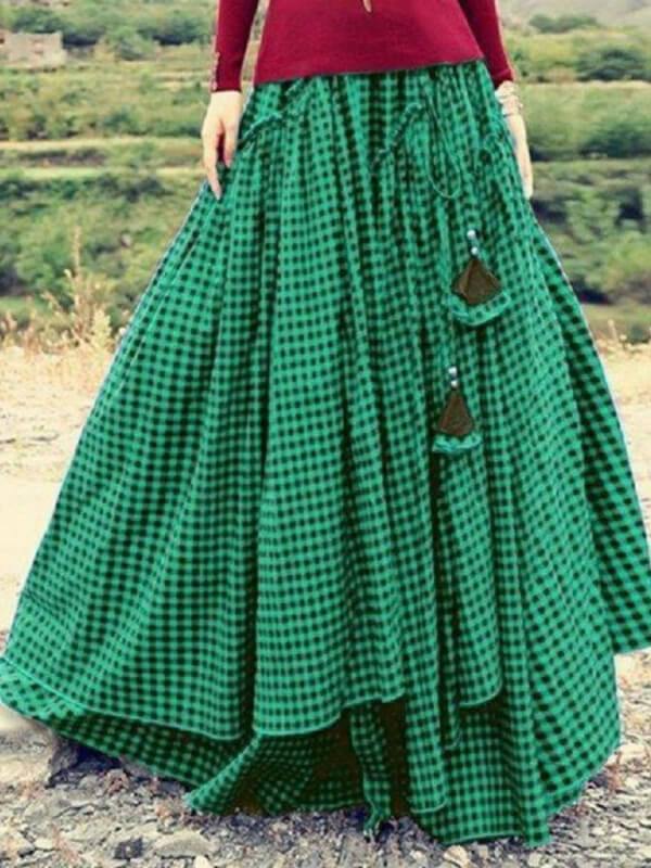 Chailer Casual Skirt Horizontal Stripes Slimming Gingham Skirts - CHALIER