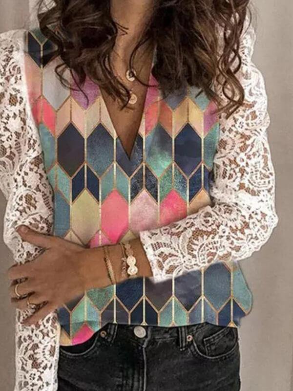 Long-Sleeved V-Neck Printed Lace Shirt - CHALIER