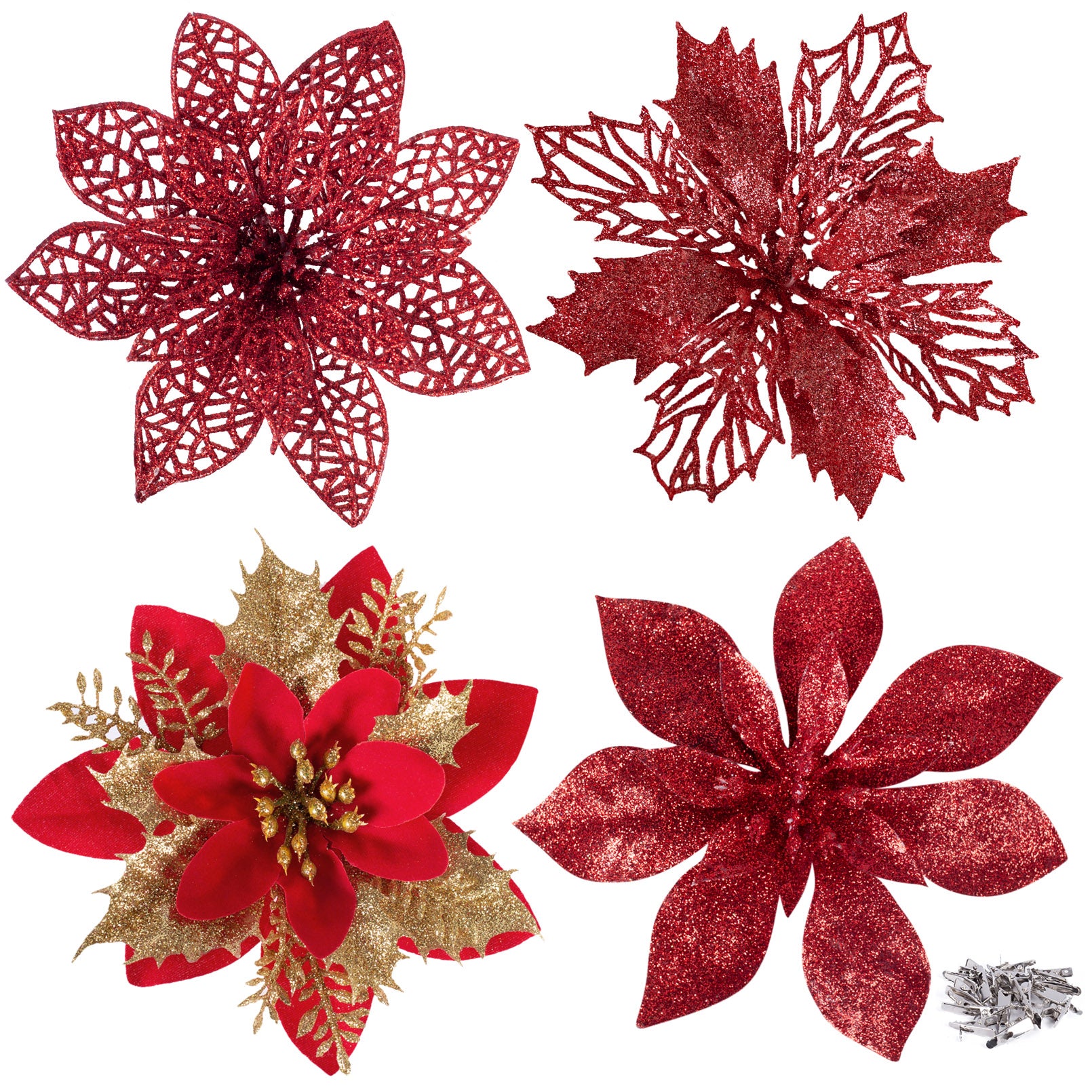 24 Pieces Christmas Glitter Artificial Poinsettia Flowers Decorations 4 Christmas Tree Flowers Ornaments with Clips