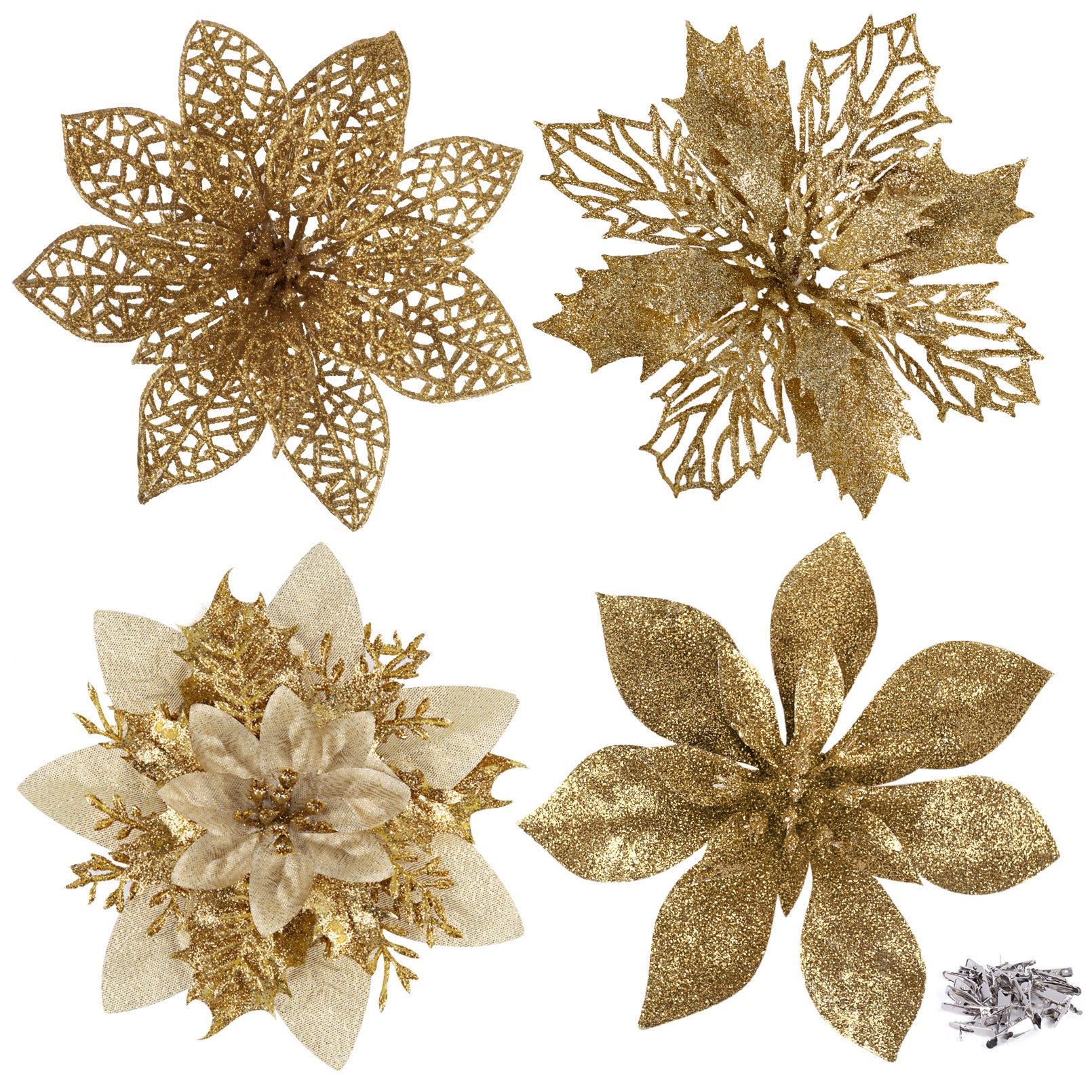 24 Pieces Christmas Glitter Artificial Poinsettia Flowers Decorations 4 Christmas Tree Flowers Ornaments with Clips