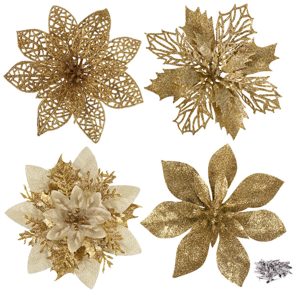 24 Pieces Christmas Glitter Artificial Poinsettia Flowers Decorations 4 Christmas Tree Flowers Ornaments with Clips