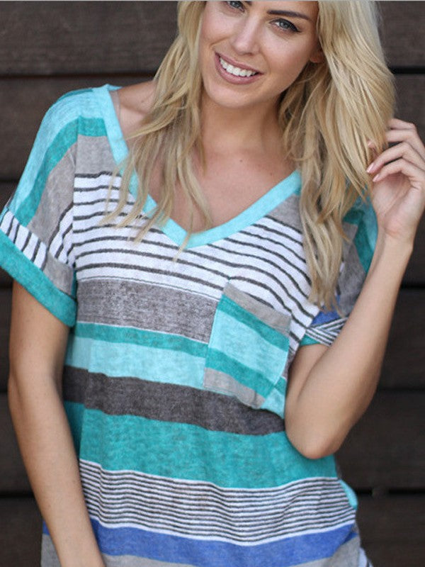 Women V Neck Striped Short Sleeve T-Shirt