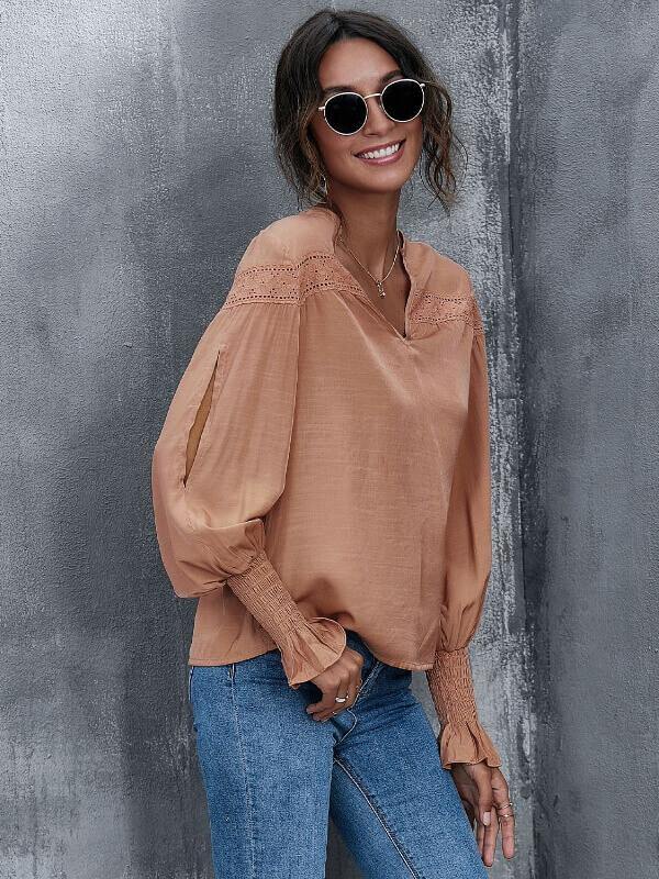 Women Lantern Sleeve V Neck Loose Casual Top&Shirt - CHALIER