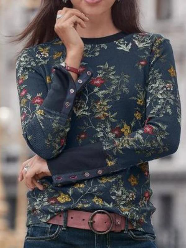 Women Black Printed Casual Long Sleeve Round Neck Blouse - CHALIER