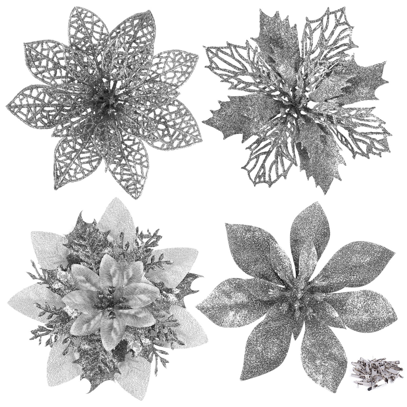 24 Pieces Christmas Glitter Artificial Poinsettia Flowers Decorations 4 Christmas Tree Flowers Ornaments with Clips