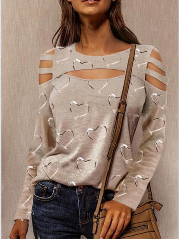 Women Heart Printed Cut Out Long Sleeve Casual T-Shirt - CHALIER