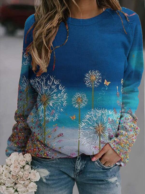 Women Dandelion Print Long Sleeve Casual Sweatshirts - CHALIER