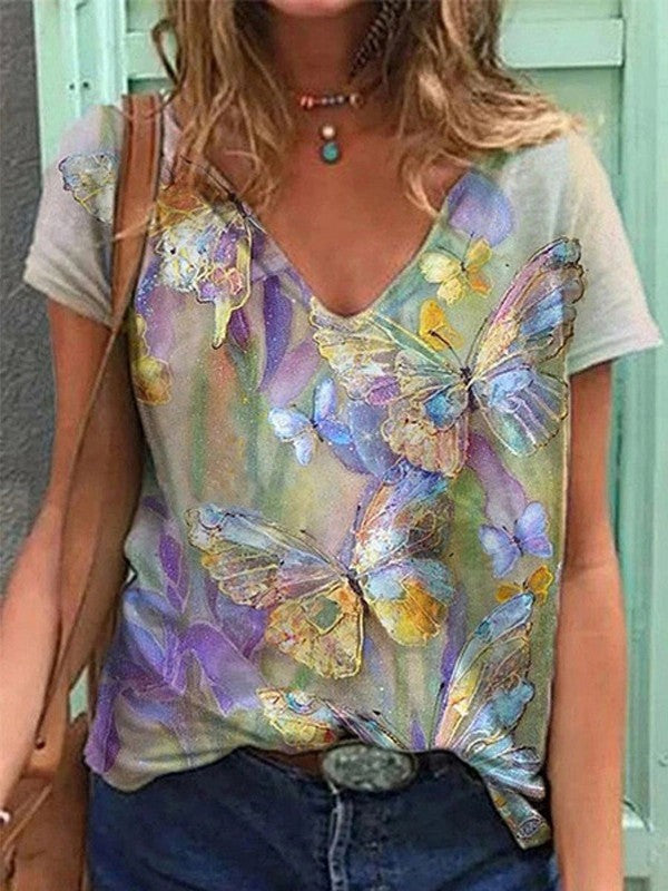 Women Butterfly Printed V Neck Summer T-Shirt