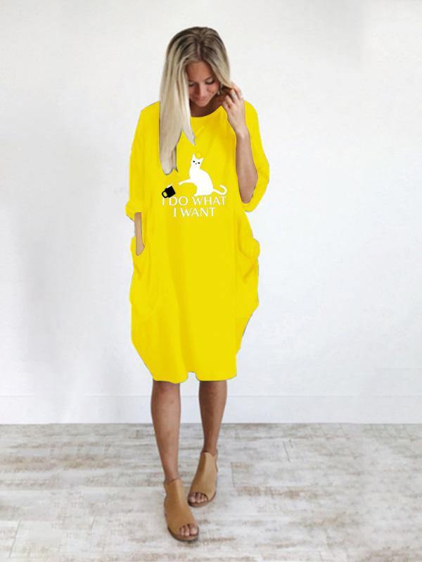 Women's Casual Cotton Letter Cat Prints Tee Dress Pocket Loose Midi Dress Plus Size - CHALIER