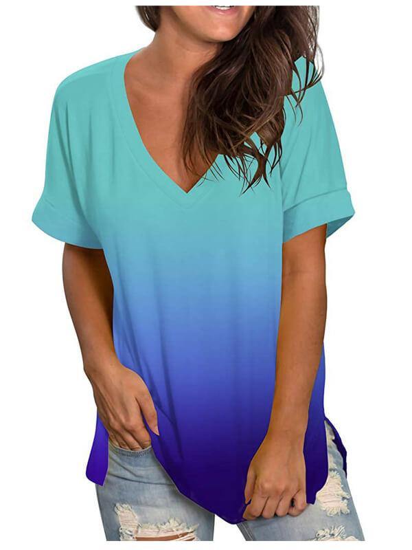 Women Tie Dye Gradient V Neck Short Sleeve T-Shirt - CHALIER