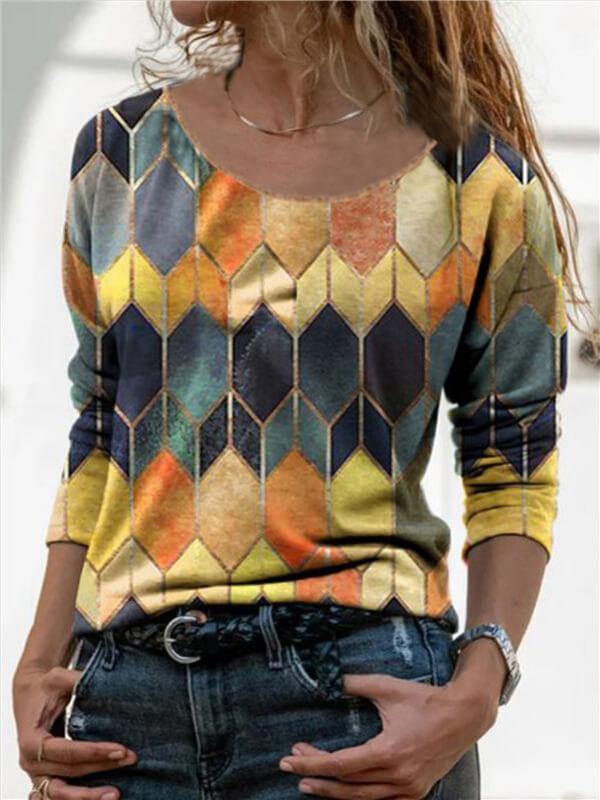 Women's Long Sleeve Round Neck Retro Printed Casual T-shirt - CHALIER