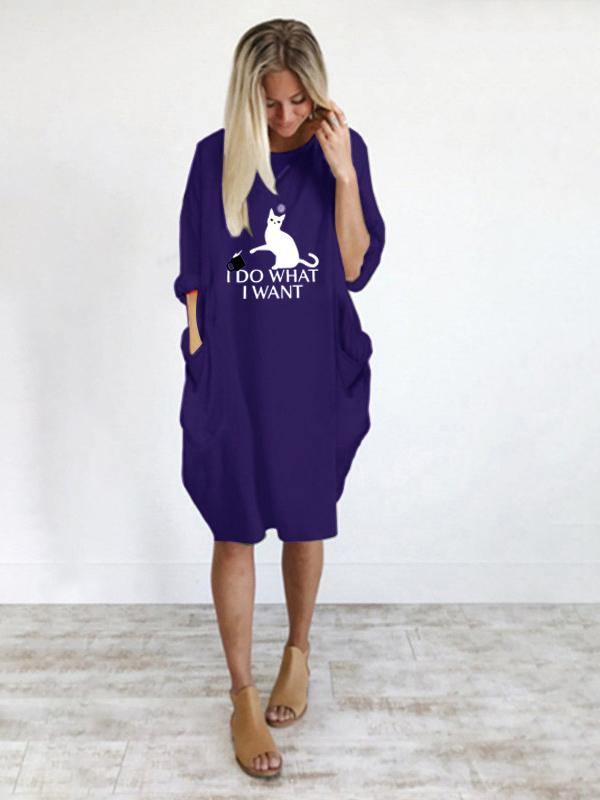Women's Casual Cotton Letter Cat Prints Tee Dress Pocket Loose Midi Dress Plus Size - CHALIER