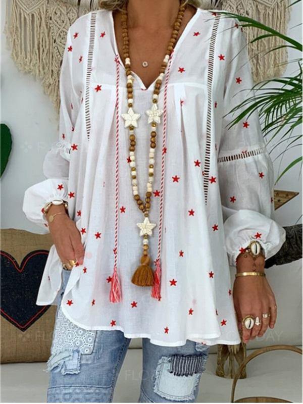 Ladies Printed Loose V Neck Lantern Sleeve T-Shirt - CHALIER