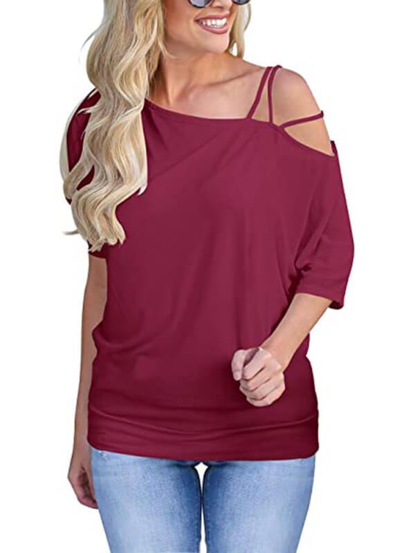 Women Solid Cold Shoulder Half SleeveCasual T-Shirt - CHALIER