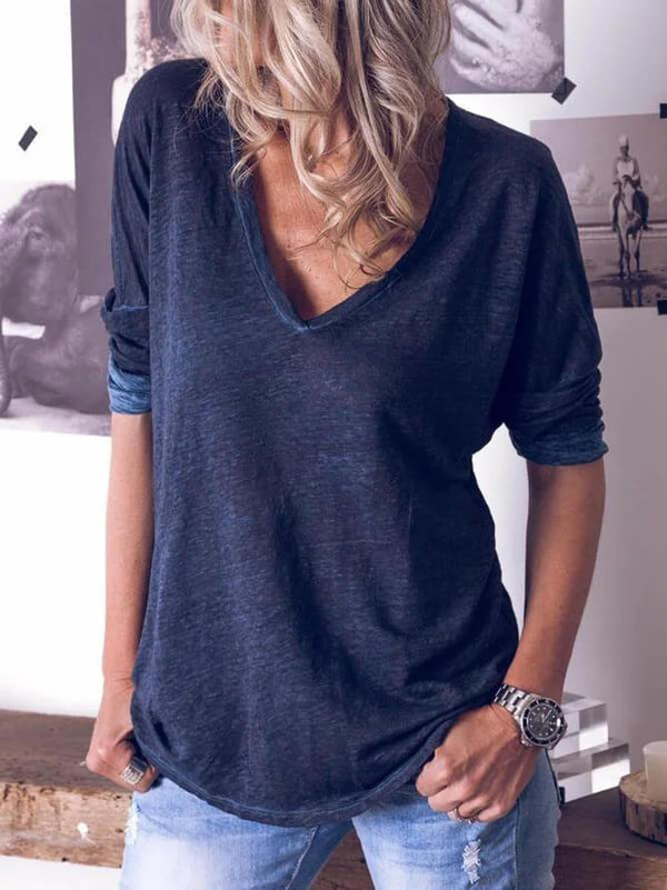 Women Spring Plain Shirts Casual Plain Long Sleeve Top - CHALIER