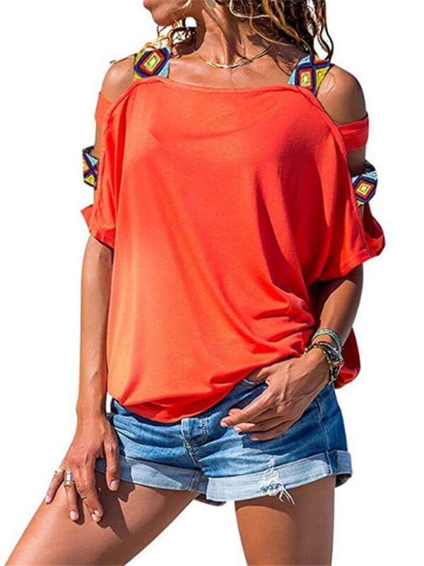 Ladies Geometric Cold Shoulder Casual Short Sleeve Tee - CHALIER