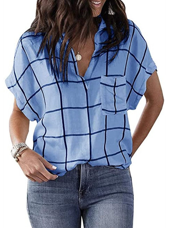 Women Plaid Printed V Neck Short Sleeve Blouse