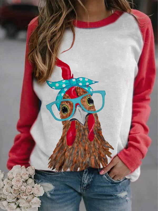 Women's Chicken with Bandana Printed Color Block Sweatshirt - CHALIER