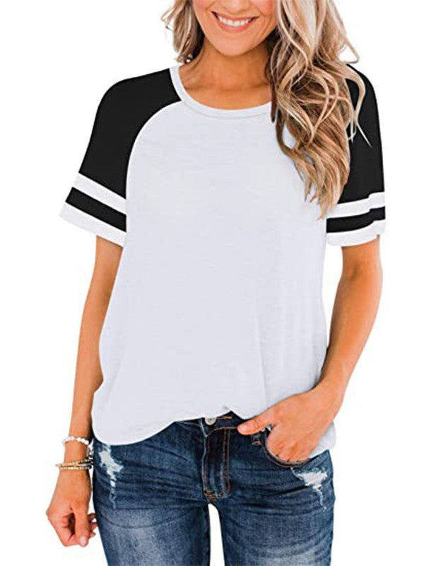 Women Stitch Striped Crew Neck Loose T-Shirt