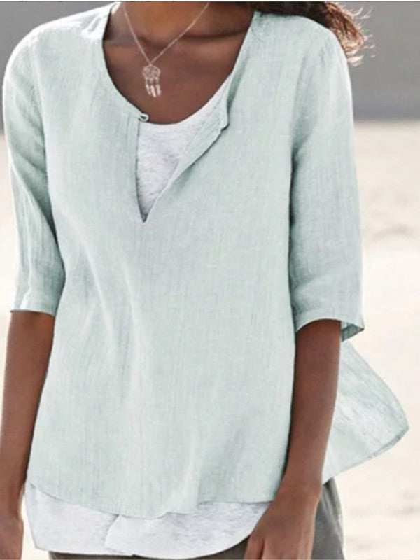 Women V Neck Cotton Linen Solid Casual Blouse