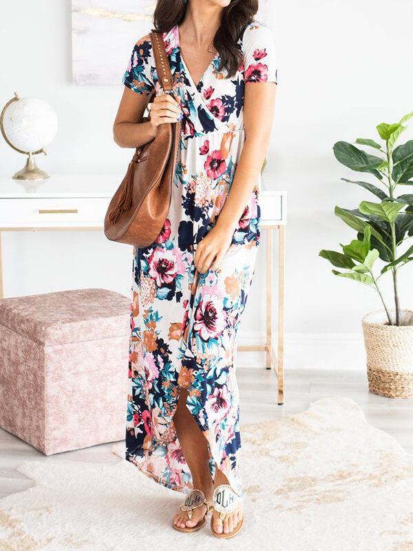 Ladies Short Sleeve Floral Printed Maxi Dress - CHALIER