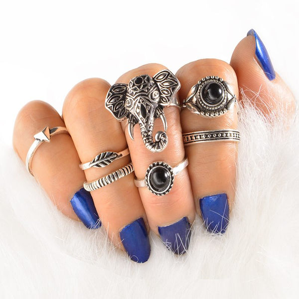 Female Design Hot Bohemia Rings Silver Elephant Jewelry Set