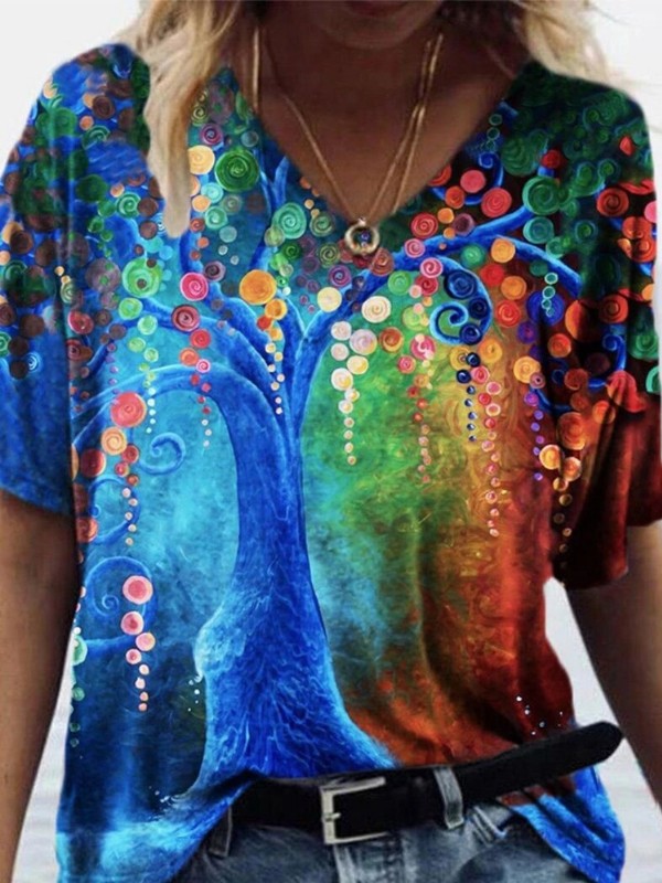 Women Abstract Painting Printed Short Sleeve T-Shirt