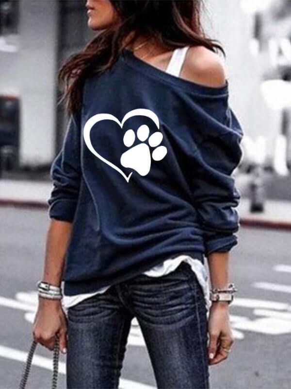 Women's T-shirts Dog Paw Sweatshirts Casual One-shoulder Solid Round Neck - CHALIER