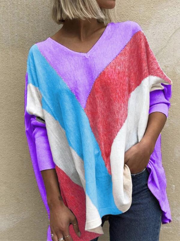 V Neck Oversize Stitch Long Sleeve Casual T-Shirt&Top - CHALIER