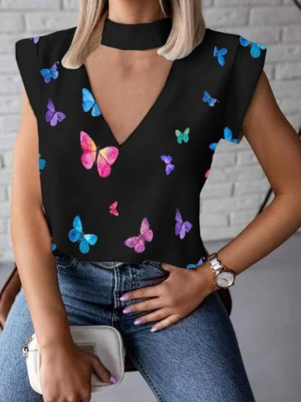 Ladies Butterfly Printed V Neck Sleeveless T-Shirt - CHALIER