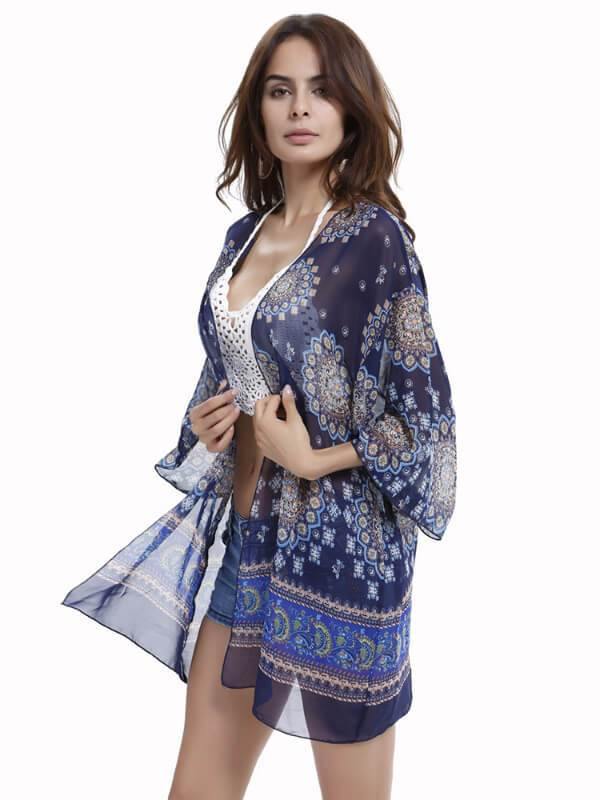 Womens Printed 3/4 Sleeve Chiffon Cardigan - CHALIER