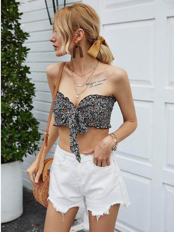 Tie Front Vacation Floral Crop Tube Top - CHALIER