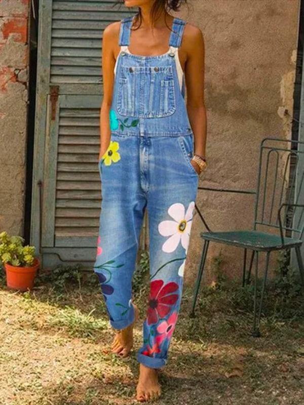 Women Sleeveless Pocket Floral-Print Denim Casual Jumpsuits - CHALIER