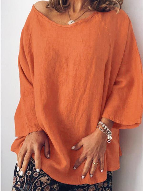 Women's Solid Oversaize Cotton And Linen Casual T-Shirt - CHALIER