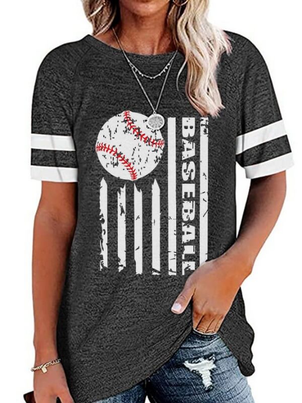 Women Striped Baseball Printed Short Sleeve T-Shirt