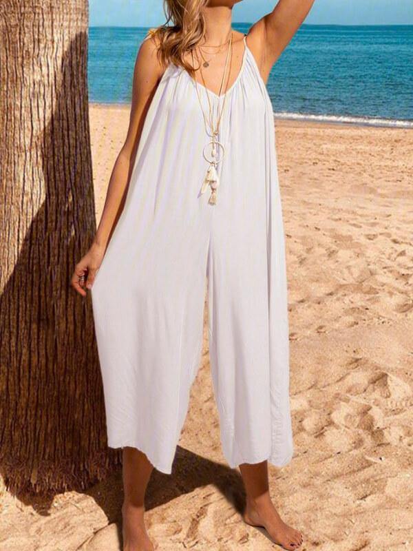 Chalier Solid Sleeveless Spaghettie Jumpsuit Wide Leg Pants - CHALIER