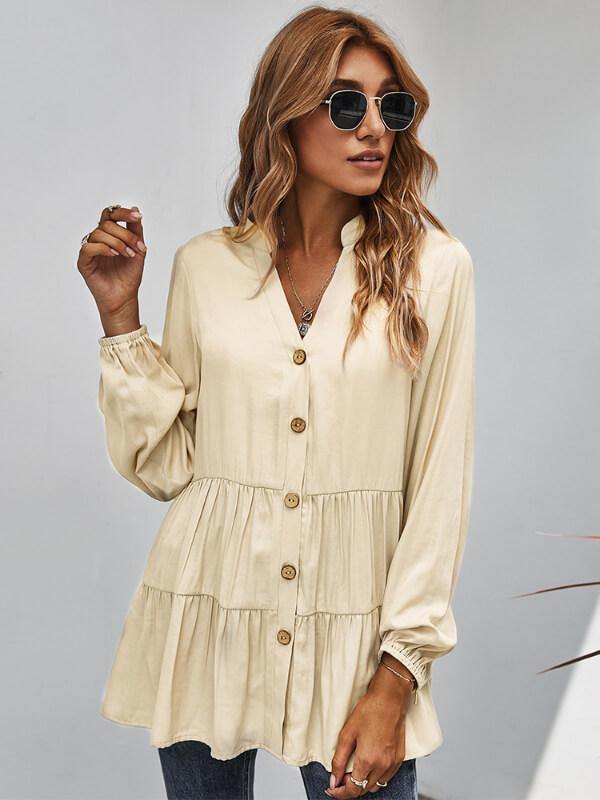 Ladies V Neck Long Sleeve Solide Causal Blouse - CHALIER