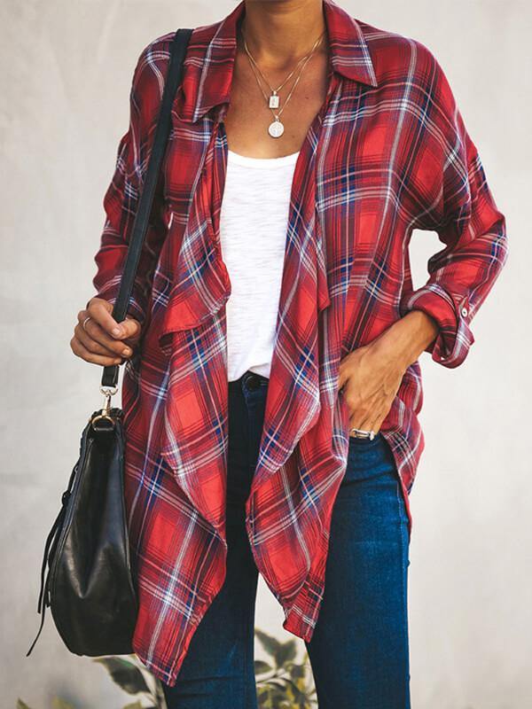 Women Cotton-Blend Plaid Long Sleeve Top - CHALIER