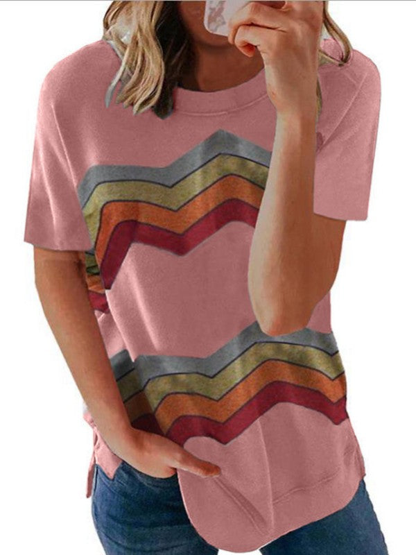Women Geometry Striped  Casual Short Sleeve T-Shirt