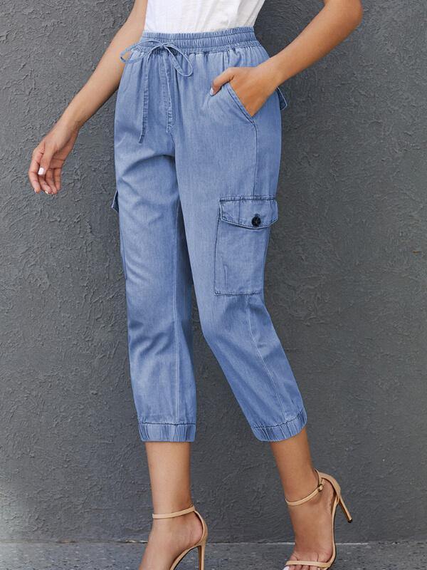 Chalier Sky Blue Drawstring Cargo Pocketed Joggers - CHALIER