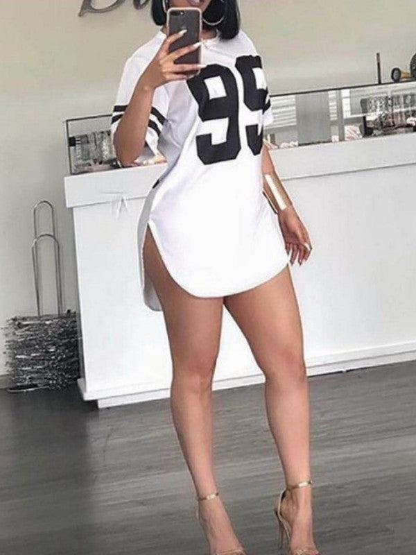 Women Number Printed Short Sleeve Split T-shirt