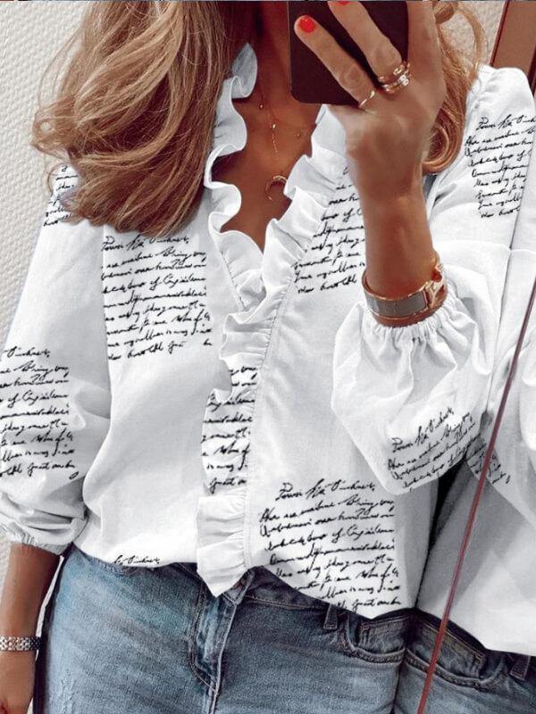 Ladies Cotton Long-Sleeve Ruffle Printed Blouse - CHALIER