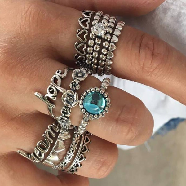Female Design Hot Bohemia Rings Silver Jewelry Set