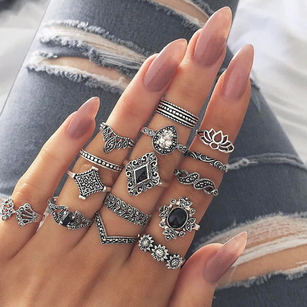 Female Design Hot Bohemia Rings Silver Jewelry Set
