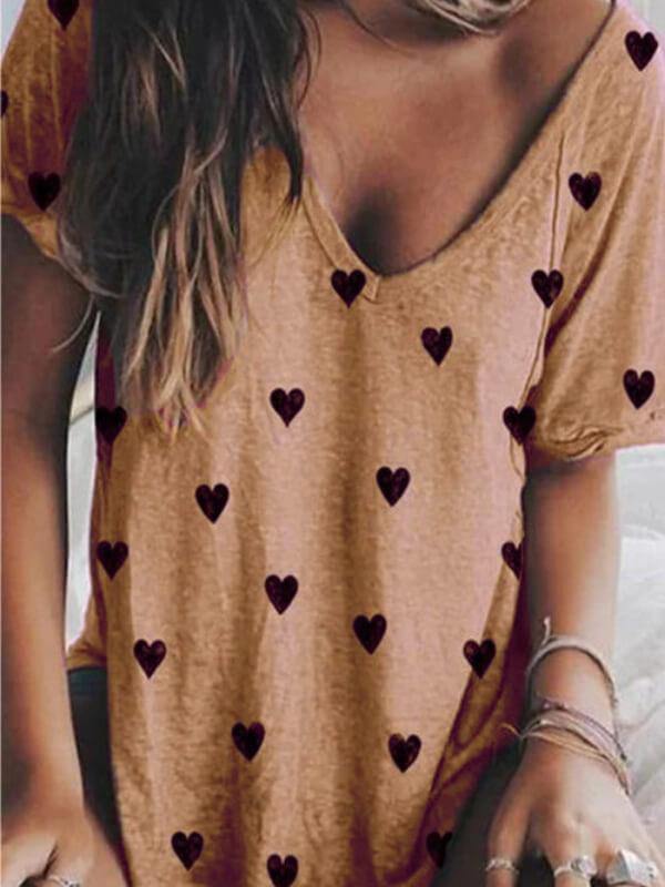 Women Casual V Neck Cotton-Blend Printed T-Shirt - CHALIER